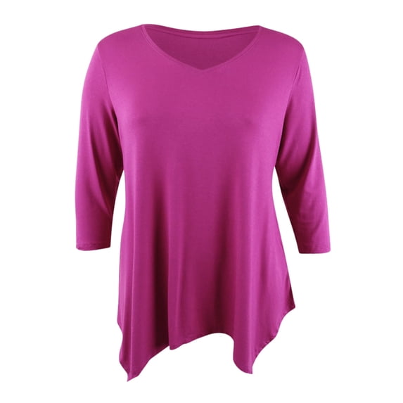 JM Collection Women's V-Neck Handkerchief-Hem Top (XL, Pink Fancy)