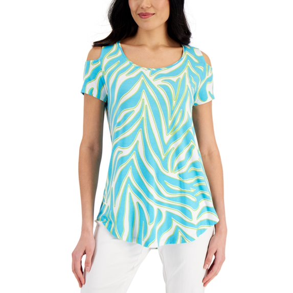 JM Collection Womens Animal Print Cold Shoulder Top Seafoam Blue Combo L