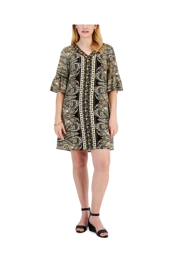 Womens Bellisima Printed Ruffle Sleeve Dress Deep Black Combo L
