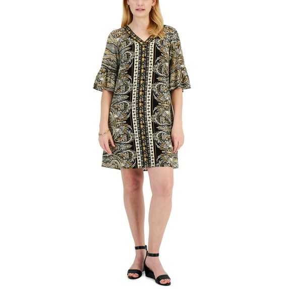 JM Collection Womens Bellisima Printed Ruffle Sleeve Dress Deep Black Combo L