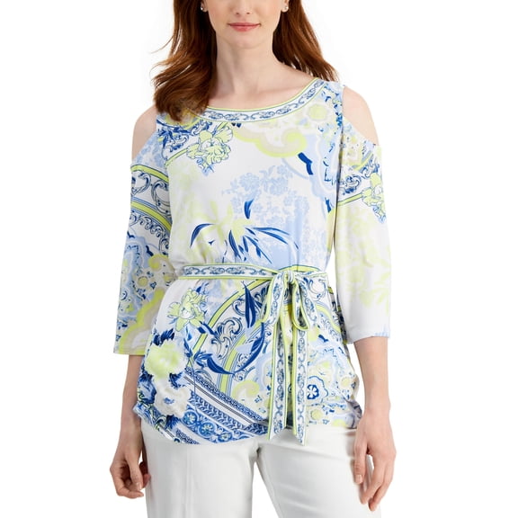 JM Collection Womens Belted Cold-Shoulder Top Navy Peony Combo XL