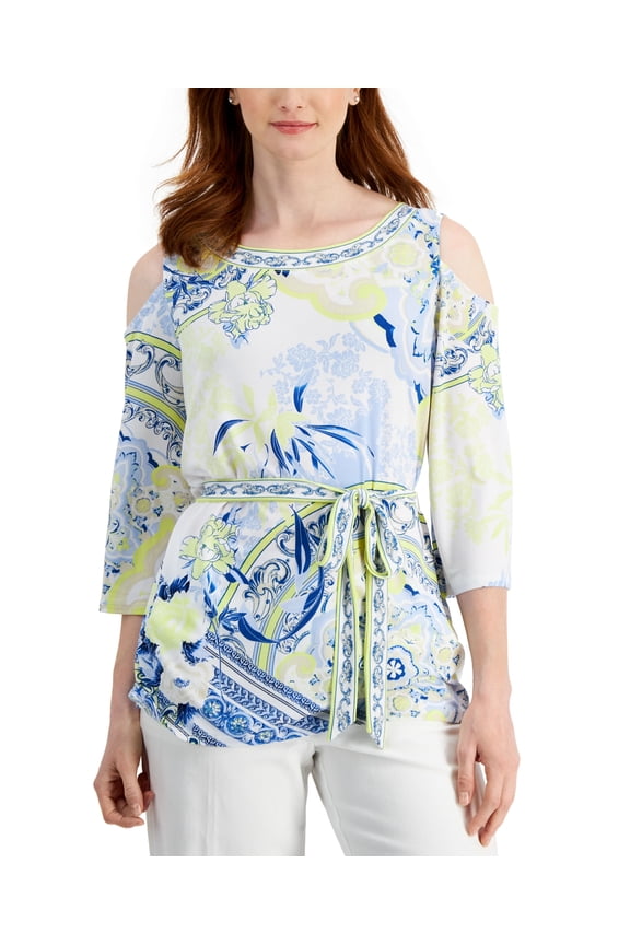 Womens Belted Cold-Shoulder Top Navy Peony Combo XL