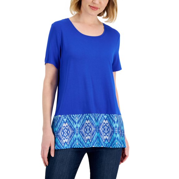 JM Collection Womens Border Print Top Deep Cobalt Combo L