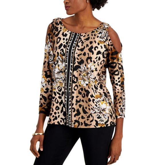 JM Collection Womens Cheetah Garden Cold Shoulder Top Taupe Flash Combo L