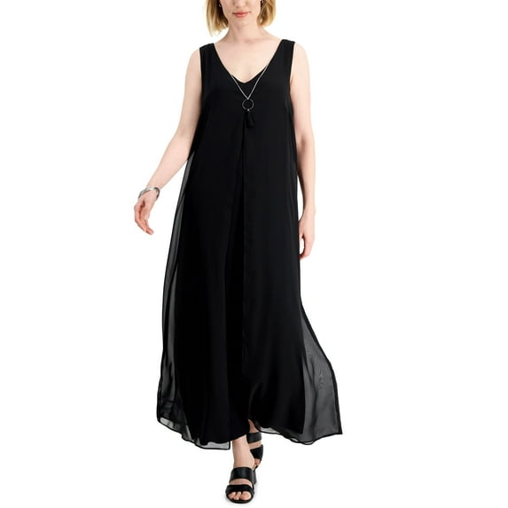 JM Collection Womens Chiffon Overlay Sleeveless Dress Deep Black L