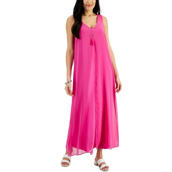 JM Collection Womens Chiffon Overlay Sleeveless Dress Fuchsia Tulip XL