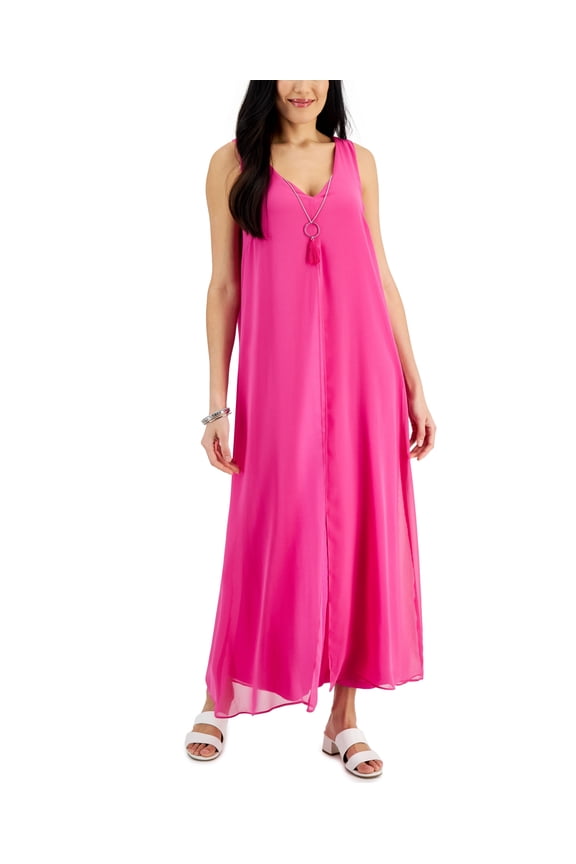 Womens Chiffon Overlay Sleeveless Dress Fuchsia Tulip XL