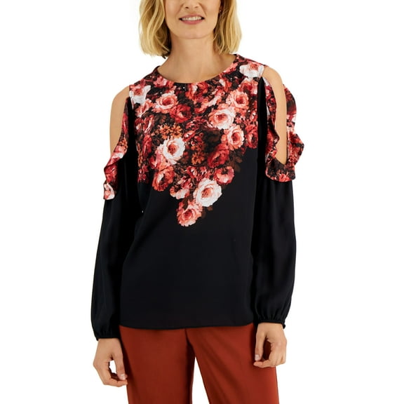 JM Collection Womens Cold Shoulder Mixed Media Floral Top Deep Black Combo L