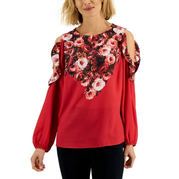 JM Collection Womens Cold Shoulder Mixed Media Floral Top Real Red Combo M