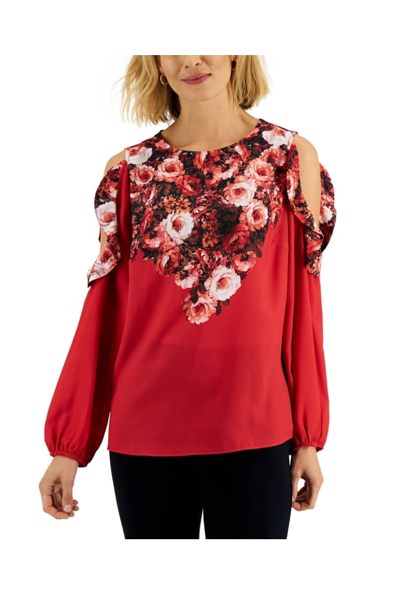 Womens Cold Shoulder Mixed Media Floral Top Real Red Combo M