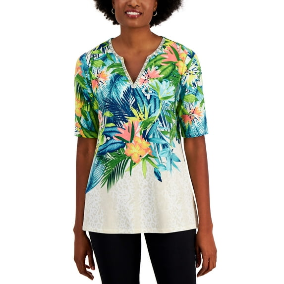 JM Collection Womens Corfu Garden Embellished Top Taupe Flash Combo M