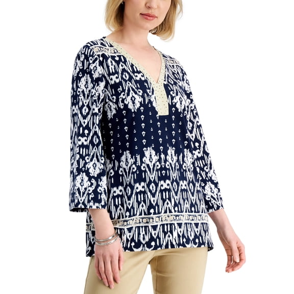JM Collection Womens Embellished Ikat Top Intrepid Blue Combo S