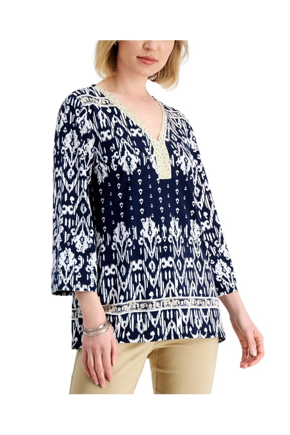 Womens Embellished Ikat Top Intrepid Blue Combo S