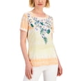 thumbnail image 1 of JM Collection Womens Floral Borders Jacquard Short Sleeve Top Bright Tangelo Combo S, 1 of 1