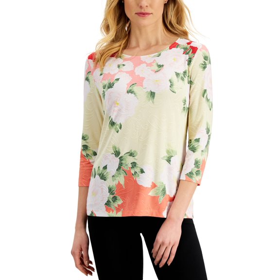 JM Collection Womens Floral Jacquard Top Starfish Combo S