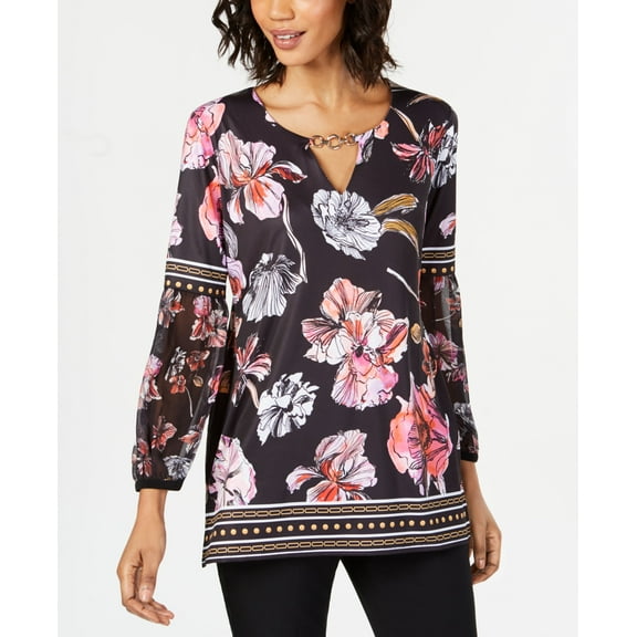 JM Collection Womens Floral Keyhole Tunic Top Black M