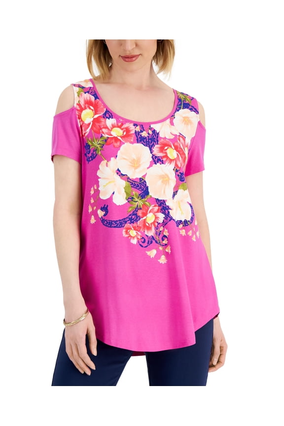 Womens Floral Print Cold Shoulder Top Fuchsia Tulip Combo L