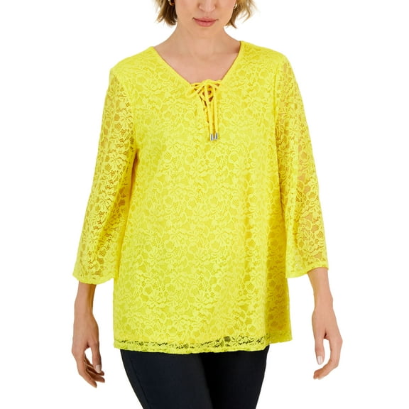 JM Collection Womens Lace Up Lace Top Primrose Yellow S