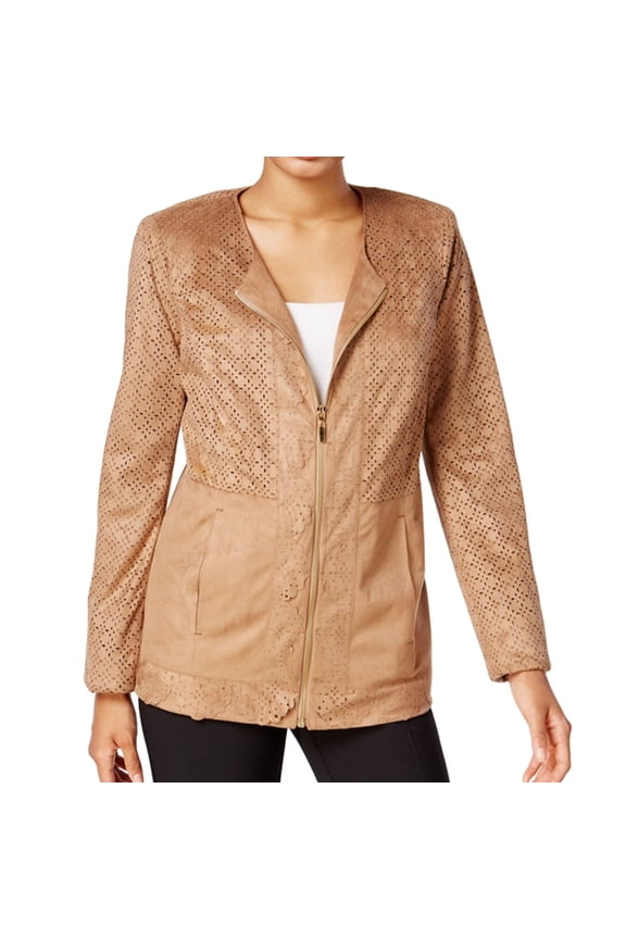 Womens Laser Cut-Out Blazer Jacket, Brown, Medium
