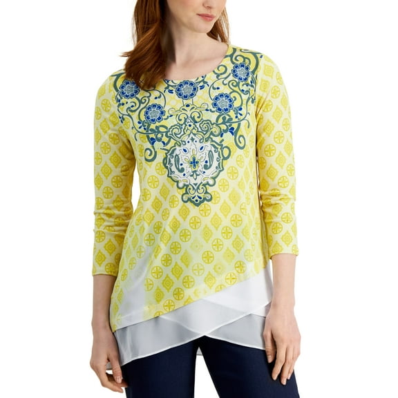 JM Collection Womens Layered Look Top Primrose Yellow Combo S