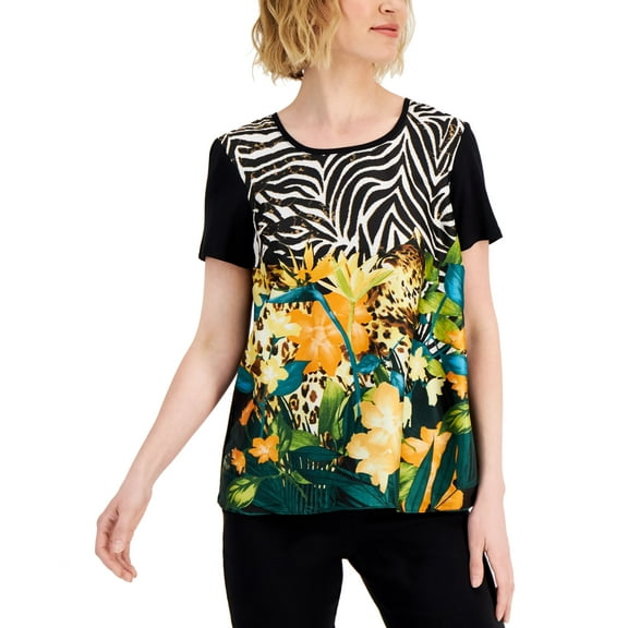 JM Collection Womens Leopard Garden Stretch Satin Front Top Deep Black Combo S