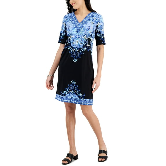 JM Collection Womens Manda Mixed Print Dress Deep Black Combo L