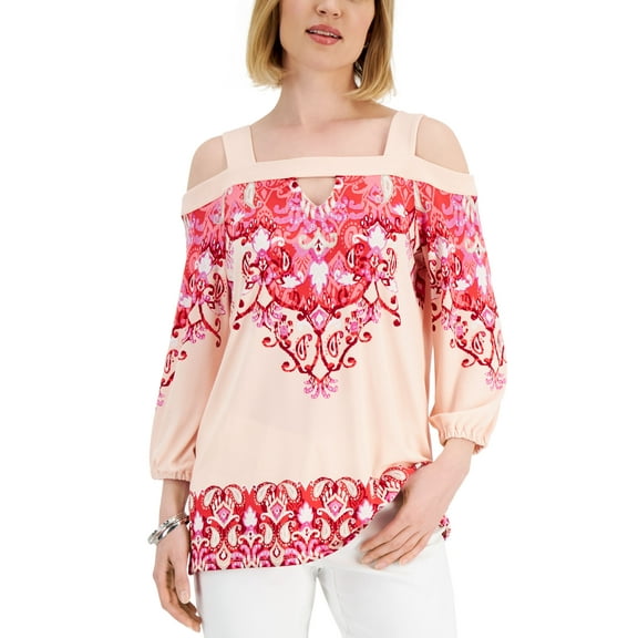 JM Collection Womens Manda Printed Cold Shoulder Top Cherry Flame Combo S