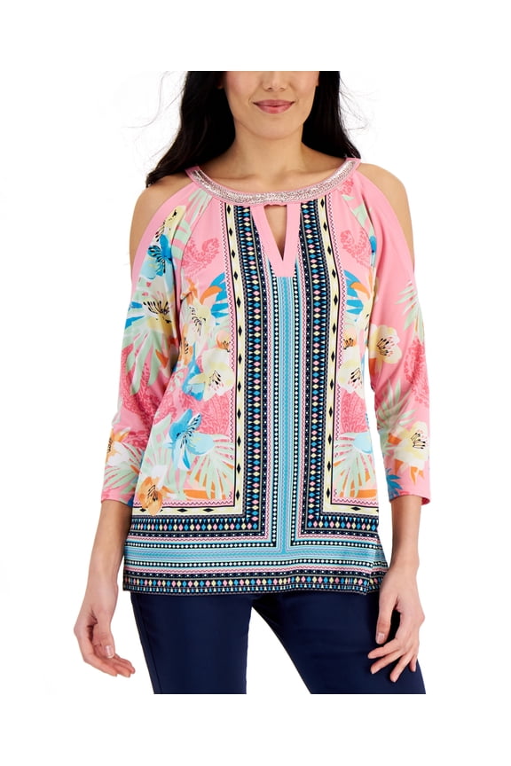 Womens Mixed Print Cold Shoulder Top Pink Gemstone Combo 2XL