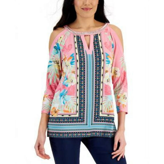 JM Collection Womens Mixed Print Cold Shoulder Top Pink Gemstone Combo S