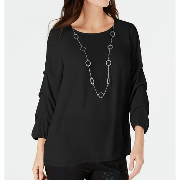 JM Collection Womens Necklace Pullover Blouse, Black, Medium