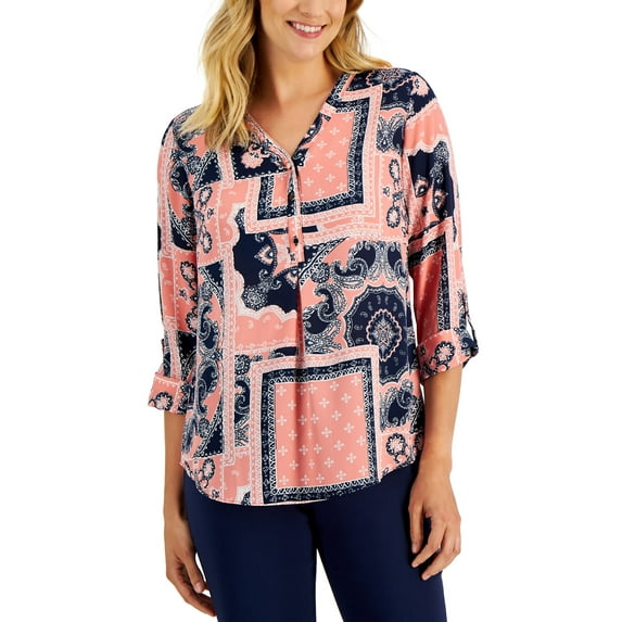 JM Collection Womens Paisley Patch Top Icy Berry Combo XL