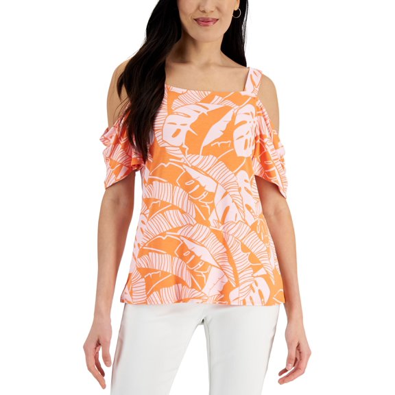 JM Collection Womens Palm Print Cold Shoulder Top Clementine Orange Combo S