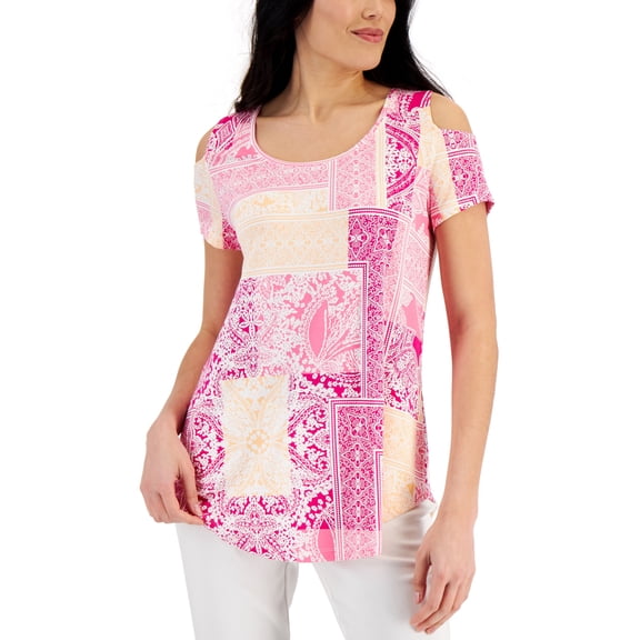 JM Collection Womens Patchwork Print Cold Shoulder Top Fuchsia Tulip Combo S
