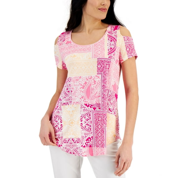 JM Collection Womens Patchwork Print Cold Shoulder Top Fuchsia Tulip Combo S