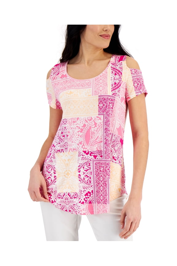 Womens Patchwork Print Cold Shoulder Top Fuchsia Tulip Combo S
