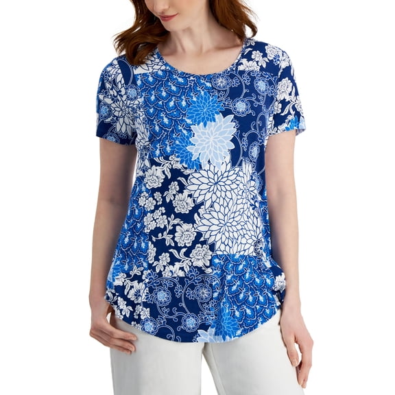 JM Collection Womens Patchwork-Print Top Navy Peony Combo S