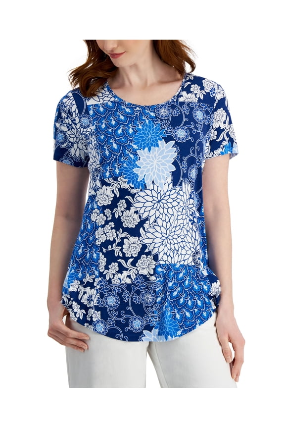 Womens Patchwork-Print Top Navy Peony Combo S