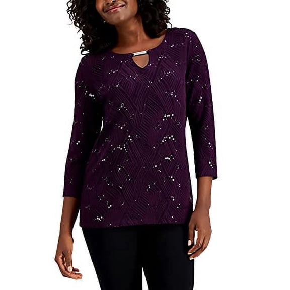 JM Collection Womens Petite Sequined Jacquard Top, Pet/Small, Plum