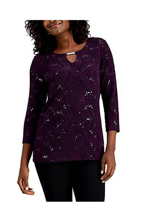 Womens Petite Sequined Jacquard Top, Pet/Small, Plum