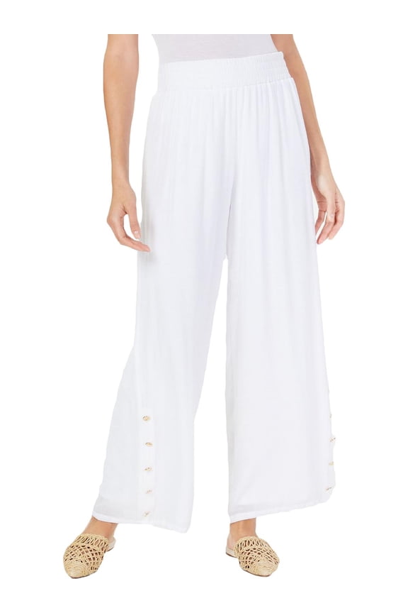 Womens Petites Button Detail High-Rise Wide Leg Pants