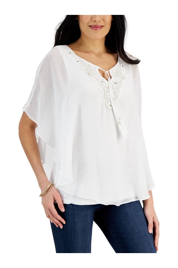 Womens Petites Embellished Tie Neck Tunic Top