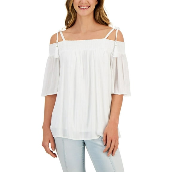 JM Collection Womens Petites Metallic Stripe Tie Pullover Top