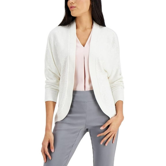 JM Collection Womens Petites Open Front Ribbed Trim Cardigan Sweater