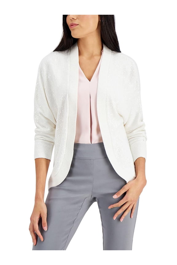 Womens Petites Open Front Ribbed Trim Cardigan Sweater