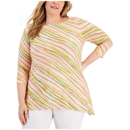 JM Collection Womens Plus Embroidered Handkerchief Hem Pullover Top