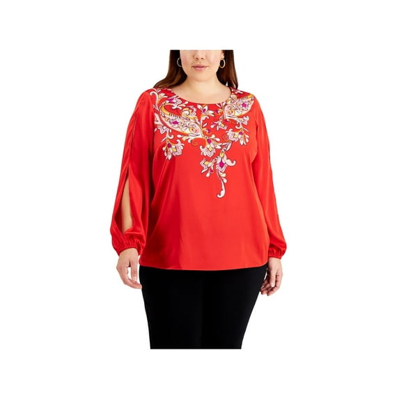 JM Collection Womens Plus Scoop Neck Printed Blouse