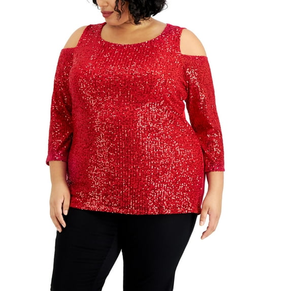 JM Collection Womens Plus Sequined Cold Shoulder Pullover Top