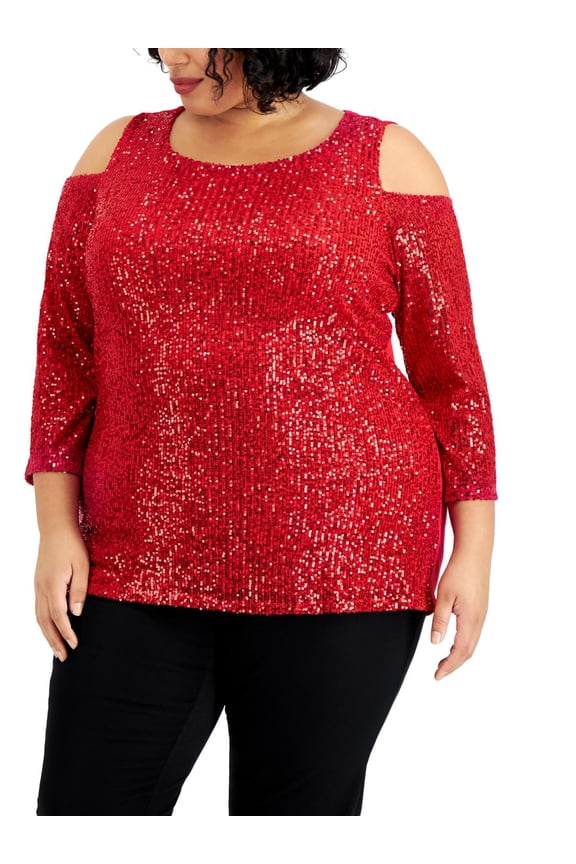 Womens Plus Sequined Cold Shoulder Pullover Top