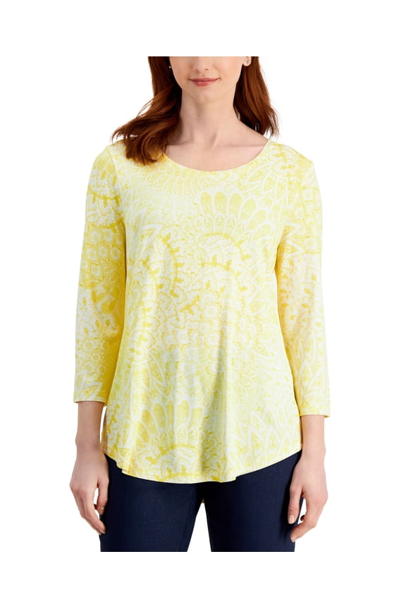 Womens Printed 3/4 Sleeve Top Bright White Combo M