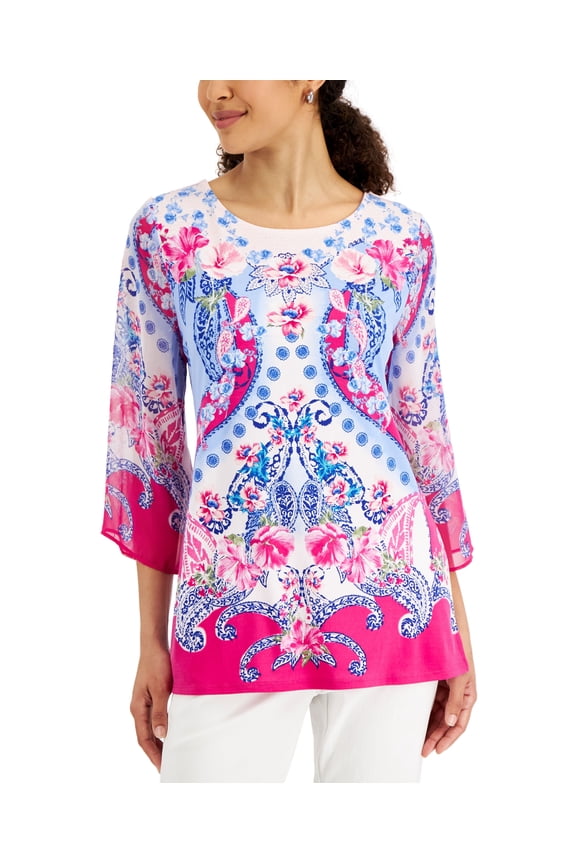 Womens Printed 3/4 Sleeve Top Fuchsia Tulip M